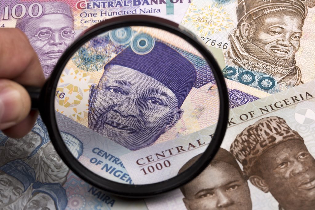 Nigerian money in a magnifying glass