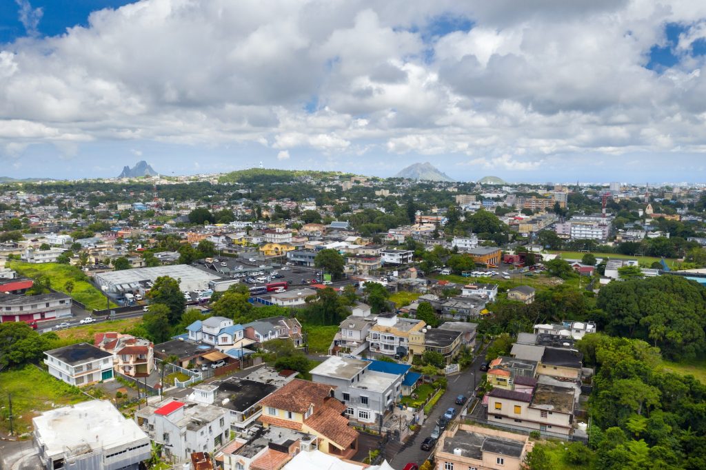 Panoramic view from above of the town and mountains on the island of Mauritius, Mauritius Island